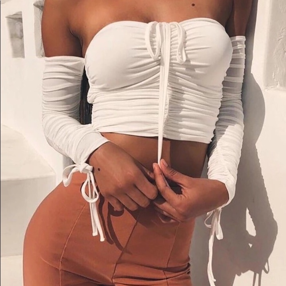 White Off-Shoulder Ruched Long Sleeve Crop Top | Tie Front | Flirty Fitted - Picture 3 of 5